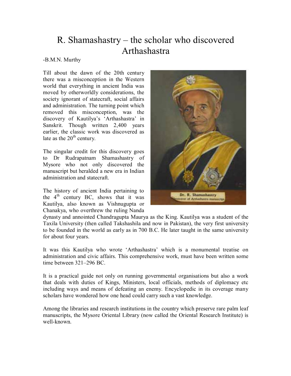 R. Shamashastry – the Scholar Who Discovered Arthashastra -B.M.N