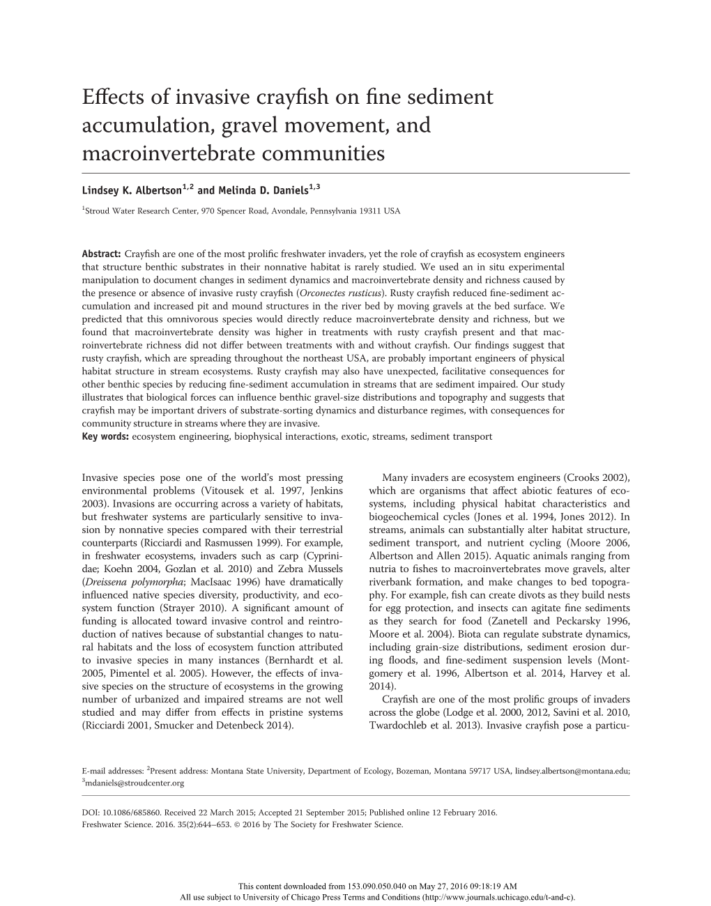 Effects of Invasive Crayfish on Fine Sediment Accumulation, Gravel