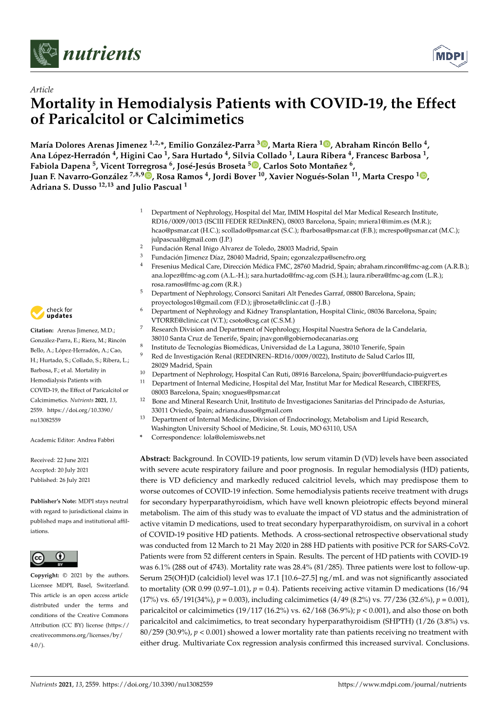 Mortality in Hemodialysis Patients with COVID-19, the Effect of Paricalcitol Or Calcimimetics