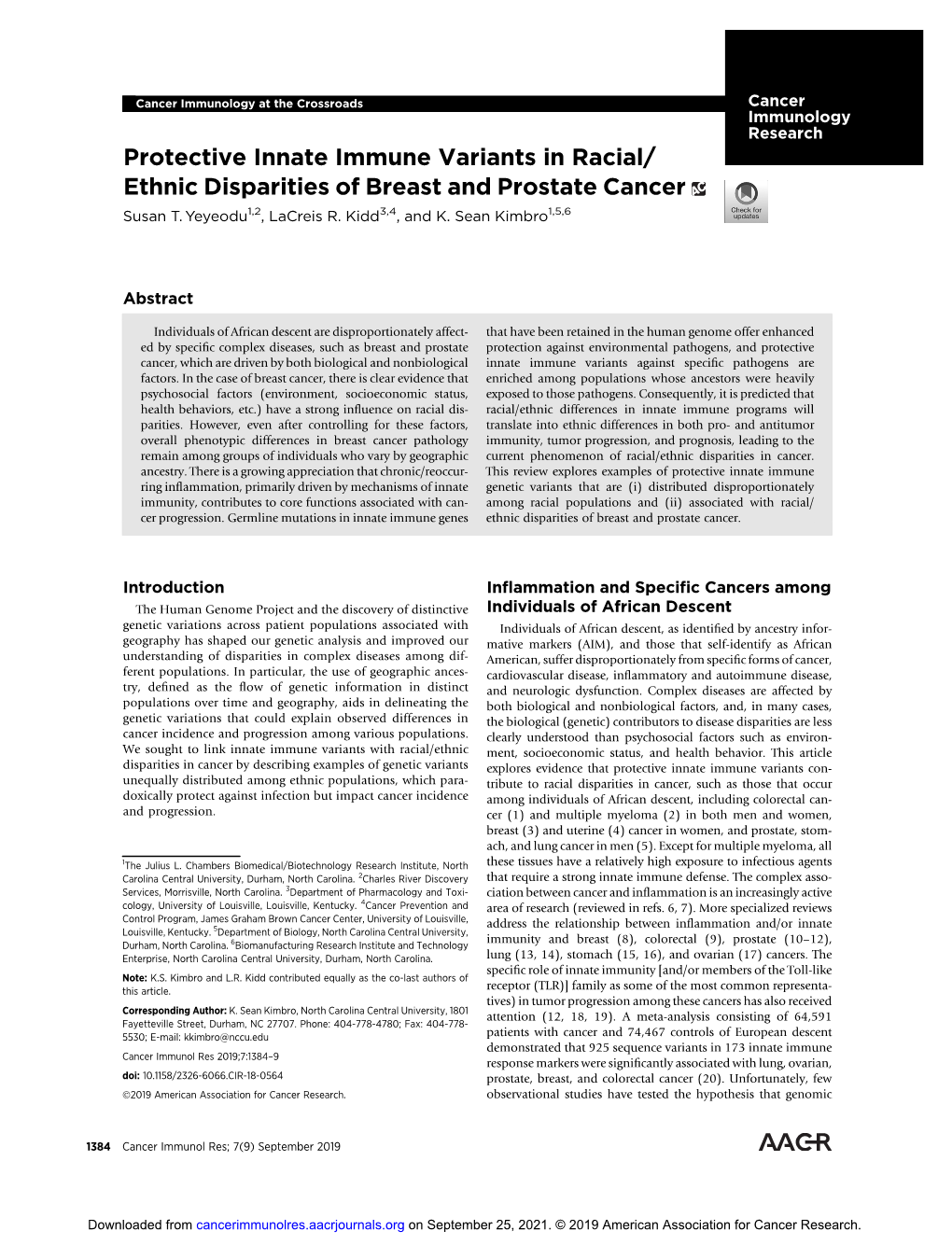 Protective Innate Immune Variants in Racial/ Ethnic Disparities of Breast and Prostate Cancer Susan T