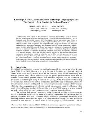 Knowledge of Tense, Aspect and Mood in Heritage Language Speakers: the Case of Hybrid Spanish for Business Courses *