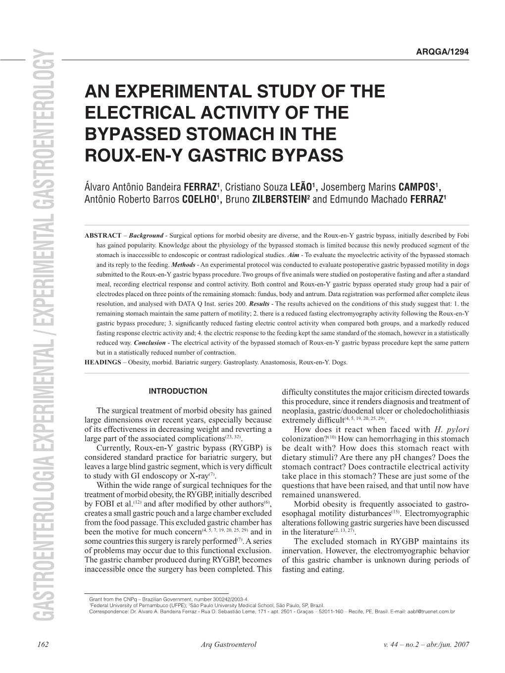 An Experimental Study of the Electrical Activity of the Bypassed Stomach in the Roux-En-Y Gastric Bypass