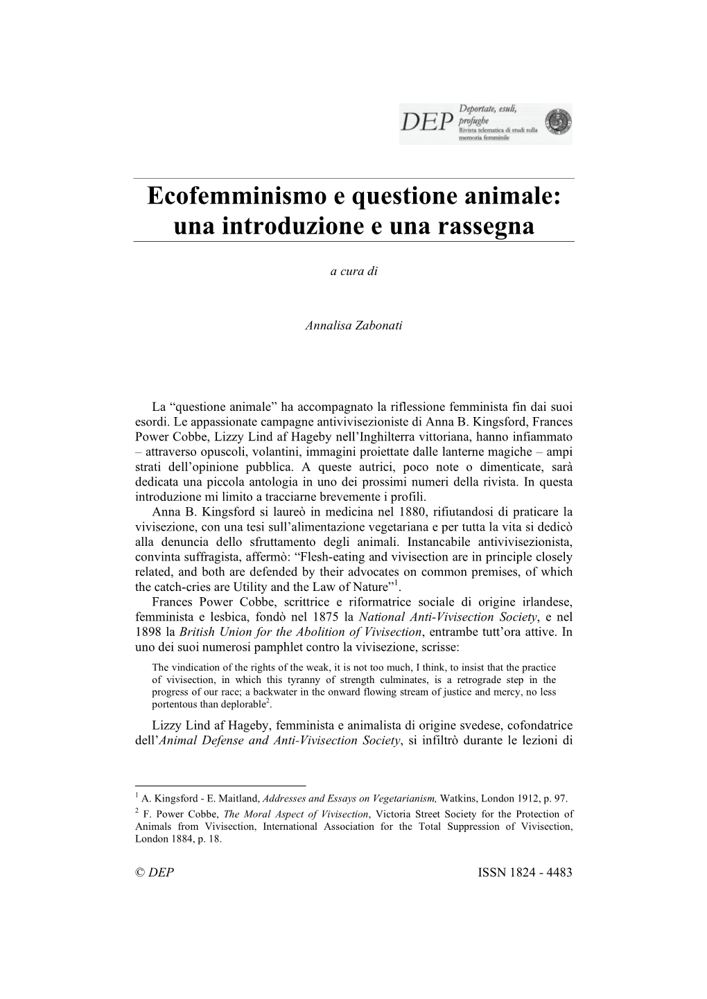 Ecofemminismo E Questione Animale: Una Introduzione E Una Rassegna