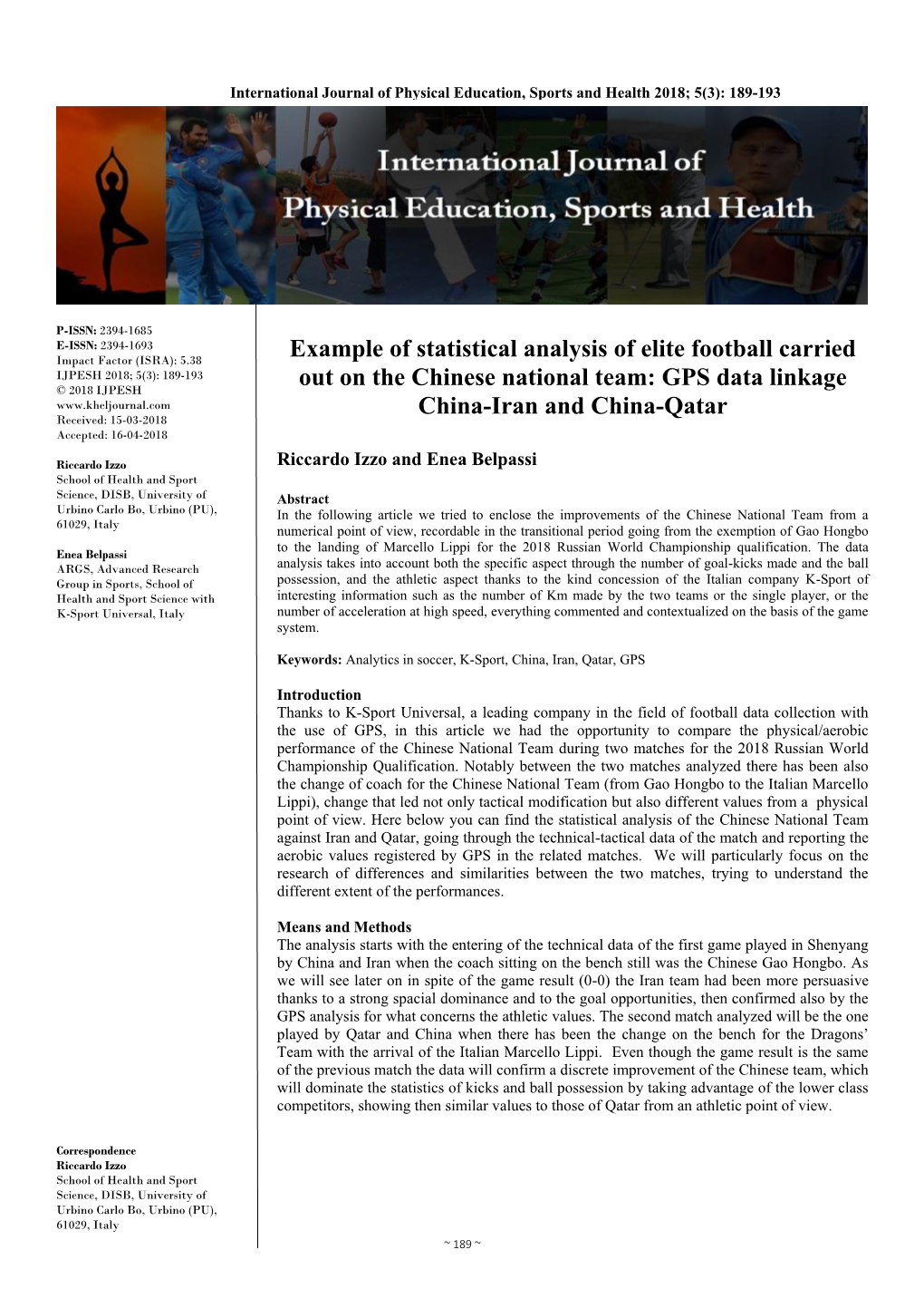 Example of Statistical Analysis of Elite Football Carried out on The