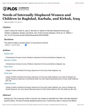 Needs of Internally Displaced Women and Children in Baghdad, Karbala, and Kirkuk, Iraq – PLOS Currents Disasters 6/11/16, 5:59 PM