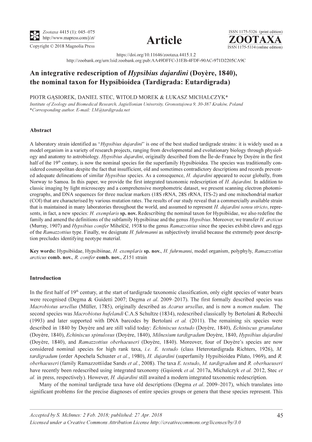 An Integrative Redescription of Hypsibius Dujardini (Doyère, 1840), the Nominal Taxon for Hypsibioidea (Tardigrada: Eutardigrada)