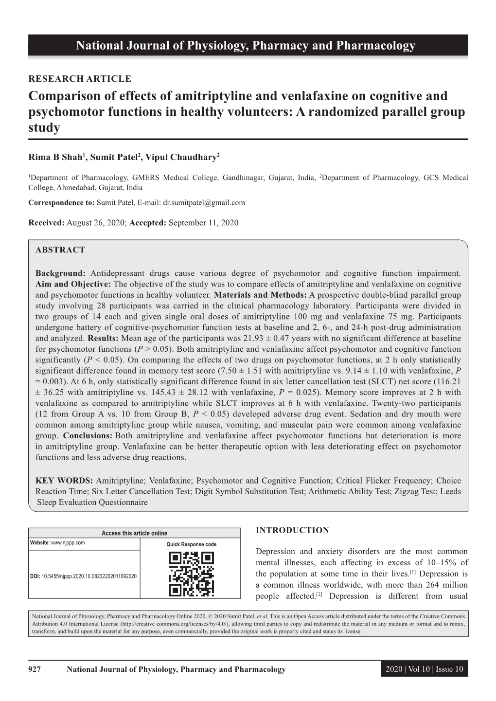 Comparison of Effects of Amitriptyline and Venlafaxine on Cognitive and Psychomotor Functions in Healthy Volunteers: a Randomized Parallel Group Study