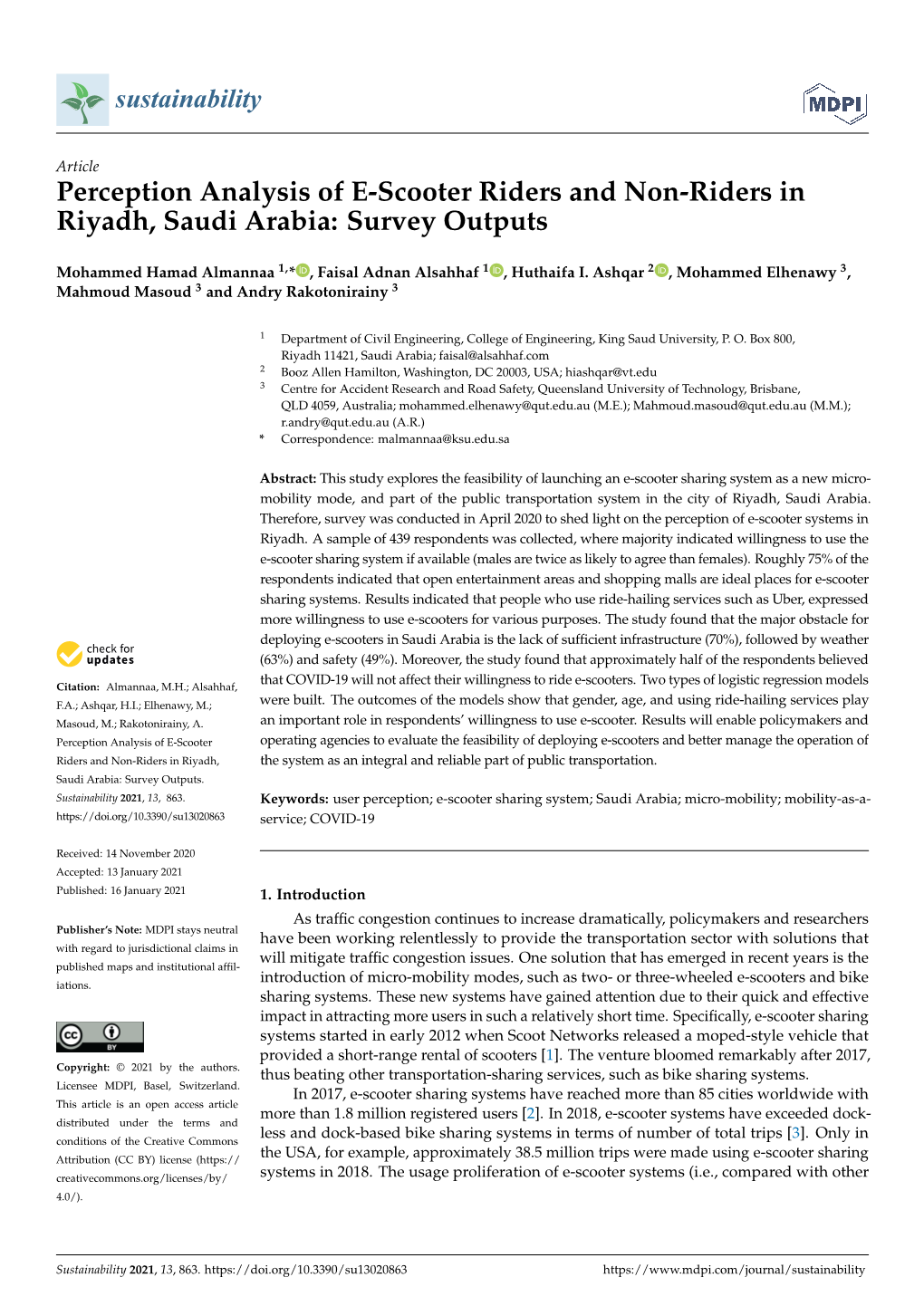 Perception Analysis of E-Scooter Riders and Non-Riders in Riyadh, Saudi Arabia: Survey Outputs