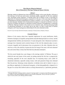 Who Marries Whom in Pakistan? Role of Education in Marriage Timing and Spouse Selection