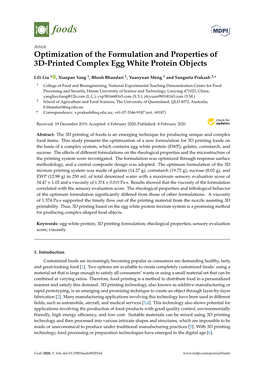 Optimization of the Formulation and Properties of 3D-Printed Complex Egg White Protein Objects