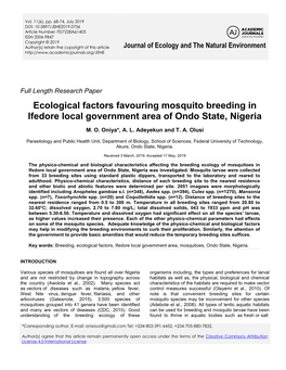 Ecological Factors Favouring Mosquito Breeding in Ifedore Local Government Area of Ondo State, Nigeria