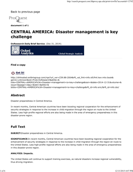 CENTRAL AMERICA: Disaster Management Is Key Challenge