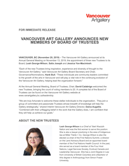 Vancouver Art Gallery Announces New Members of Board of Trustees