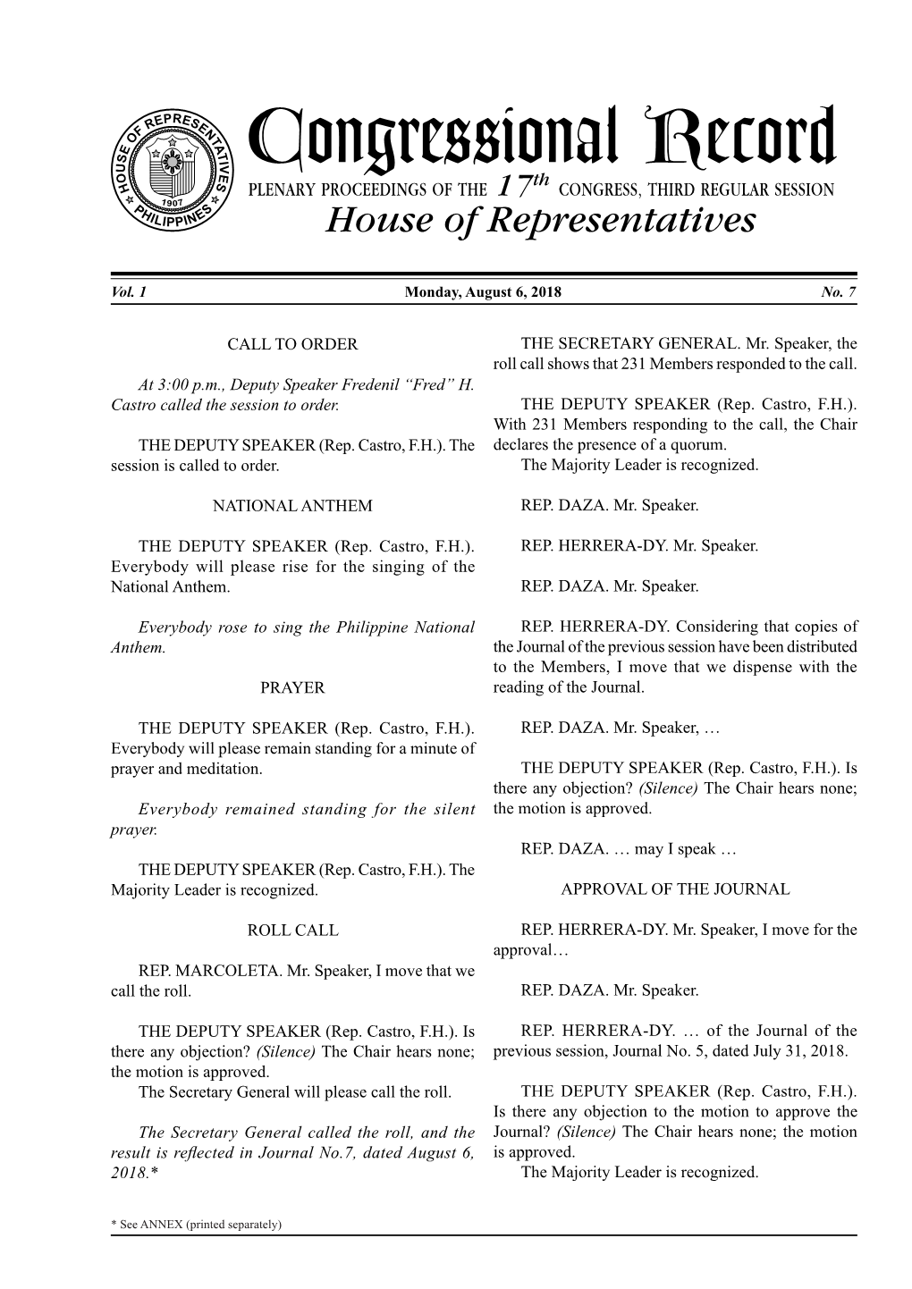 Congressional Record O H Th PLENARY PROCEEDINGS of the 17 CONGRESS, THIRD REGULAR SESSION 1 P 907 H S ILIPPINE House of Representatives