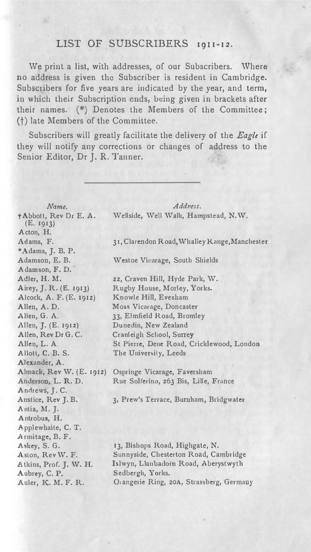 List of Subscribers 1912