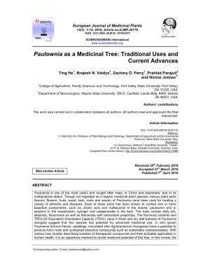 Paulownia As a Medicinal Tree: Traditional Uses and Current Advances