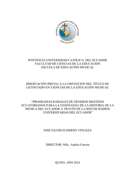 Pontificia Universidad Católica Del Ecuador Facultad De Ciencias De La Educación Escuela De Educación Musical
