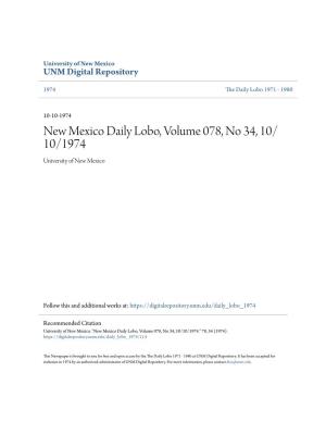 New Mexico Daily Lobo, Volume 078, No 34, 10/10/1974." 78, 34 (1974)