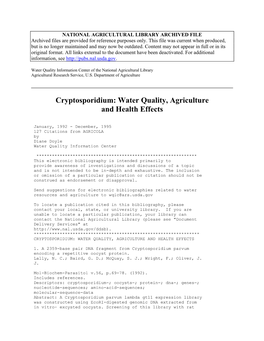 Cryptosporidium Water Quality Agriculture And