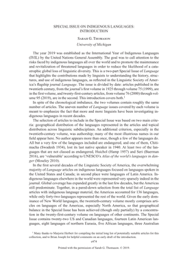 SPECIAL ISSUE on INDIGENOUS LANGUAGES: INTRODUCTION SARAH G. THOMASON University of Michigan the Year 2019 Was Established As Th