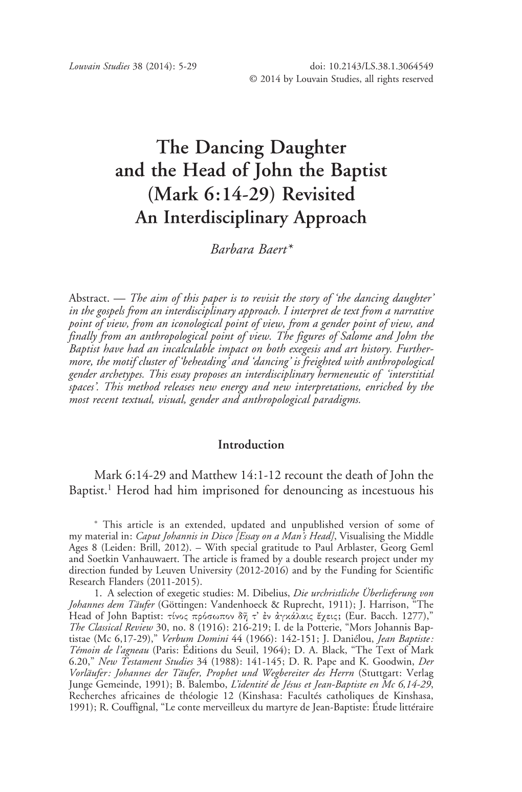 The Dancing Daughter and the Head of John the Baptist (Mark 6:14-29) Revisited an Interdisciplinary Approach