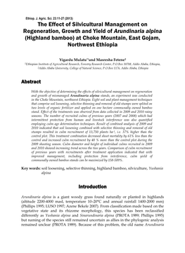 The Effect of Silvicultural Management on Regeneration, Growth and Yield of Arundinaria Alpina (Highland Bamboo) at Choke Mountain, East Gojam, Northwest Ethiopia