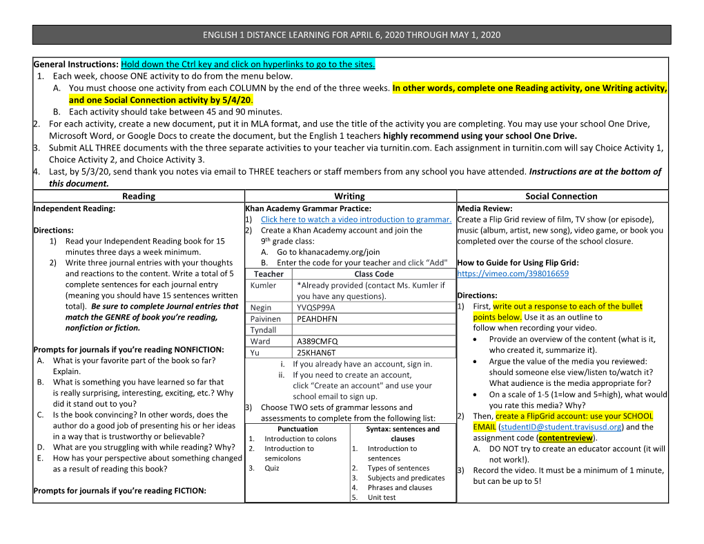 English 1 Distance Learning for April 6, 2020 Through May 1, 2020