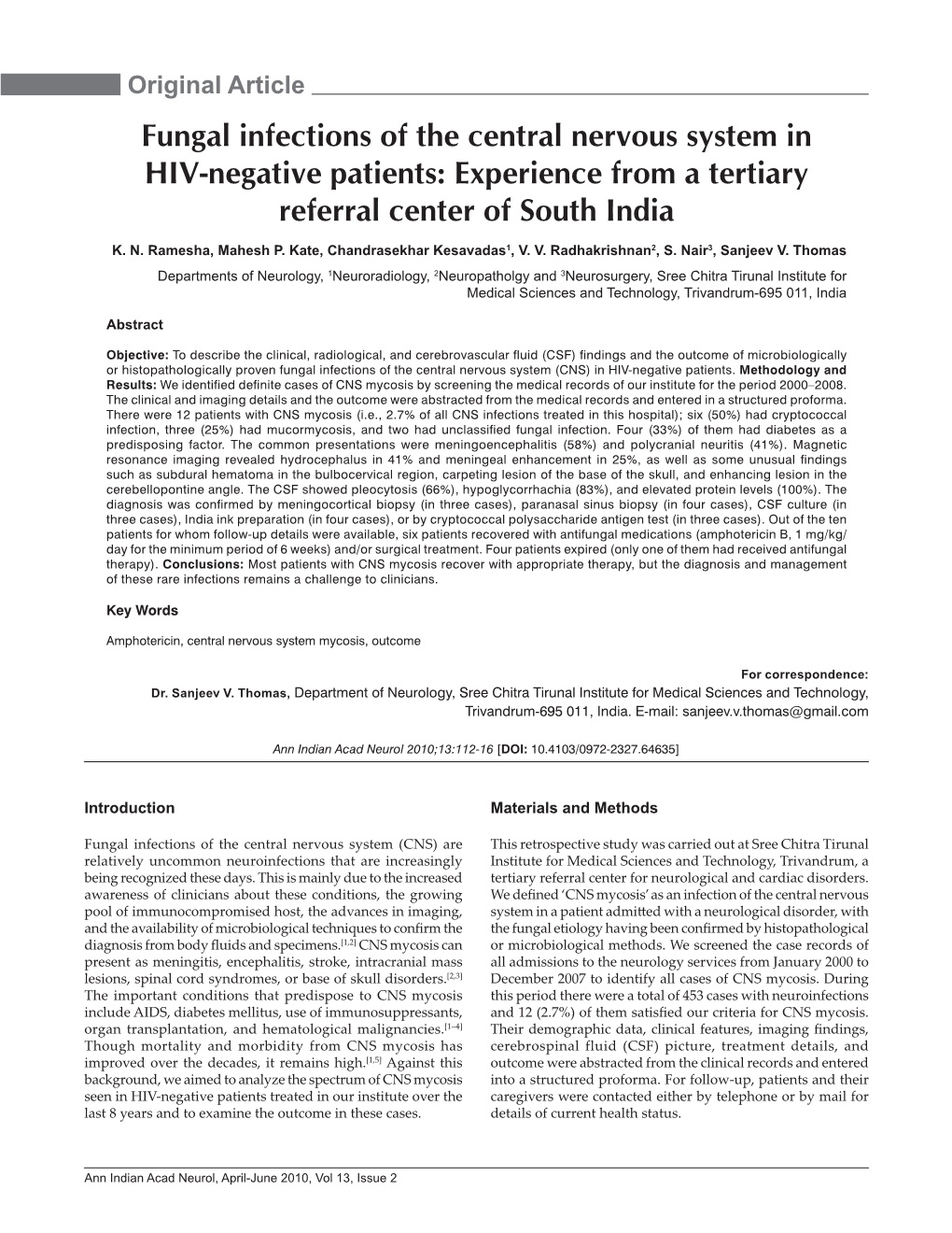 Fungal Infections of the Central Nervous System in HIV-Negative Patients: Experience from a Tertiary Referral Center of South India