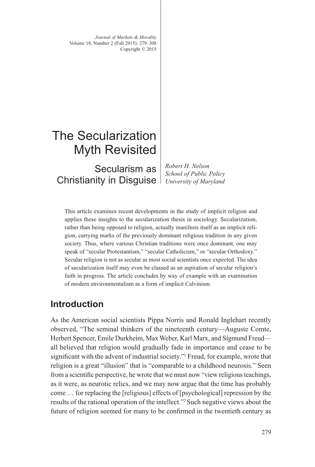 The Secularization Myth Revisited Robert H