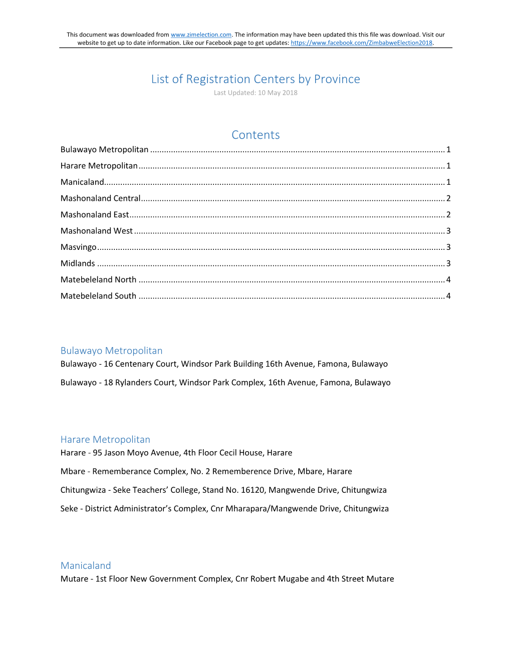 List of Registration Centers by Province Contents