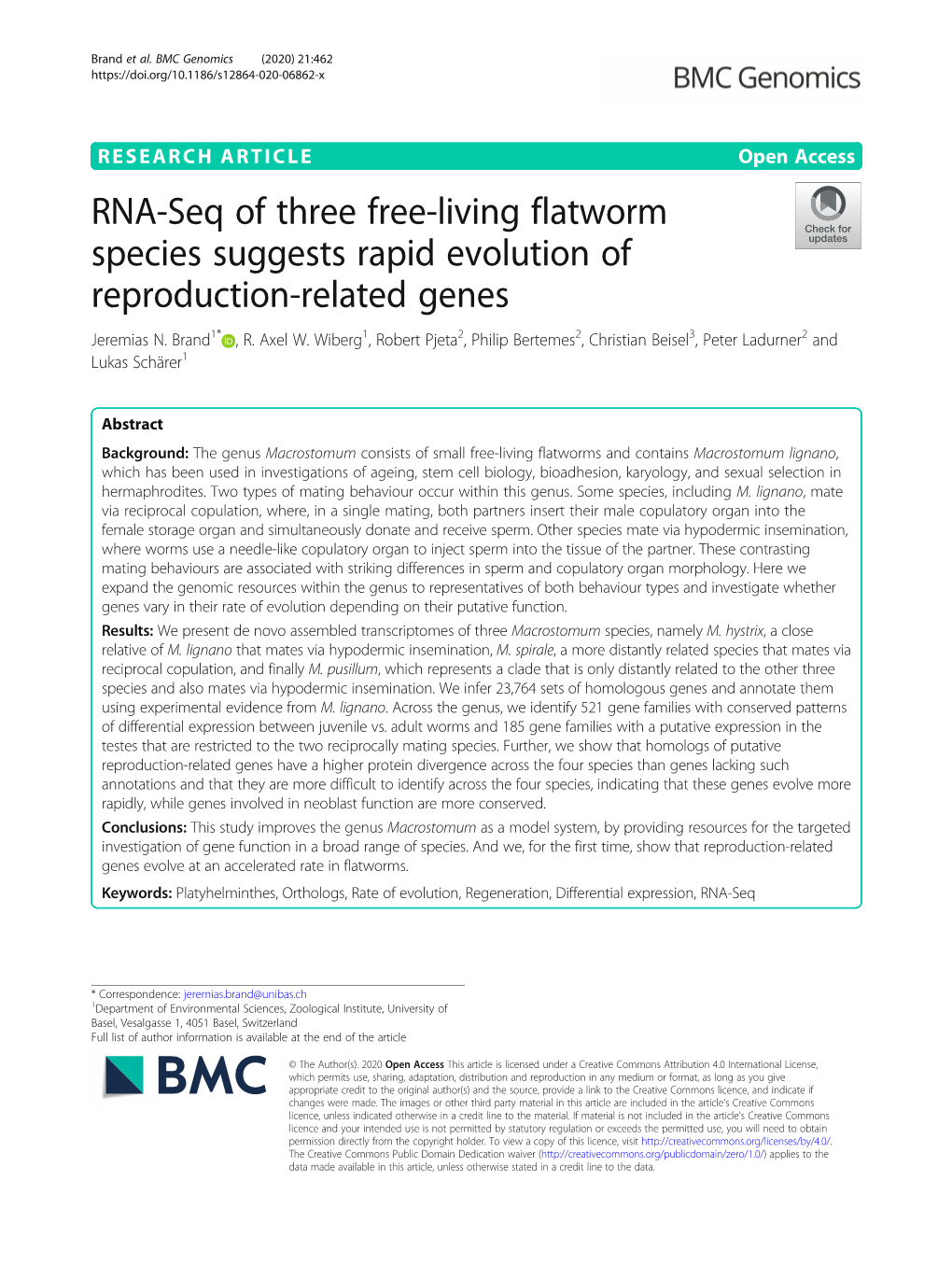 RNA-Seq of Three Free-Living Flatworm Species Suggests Rapid Evolution of Reproduction-Related Genes Jeremias N