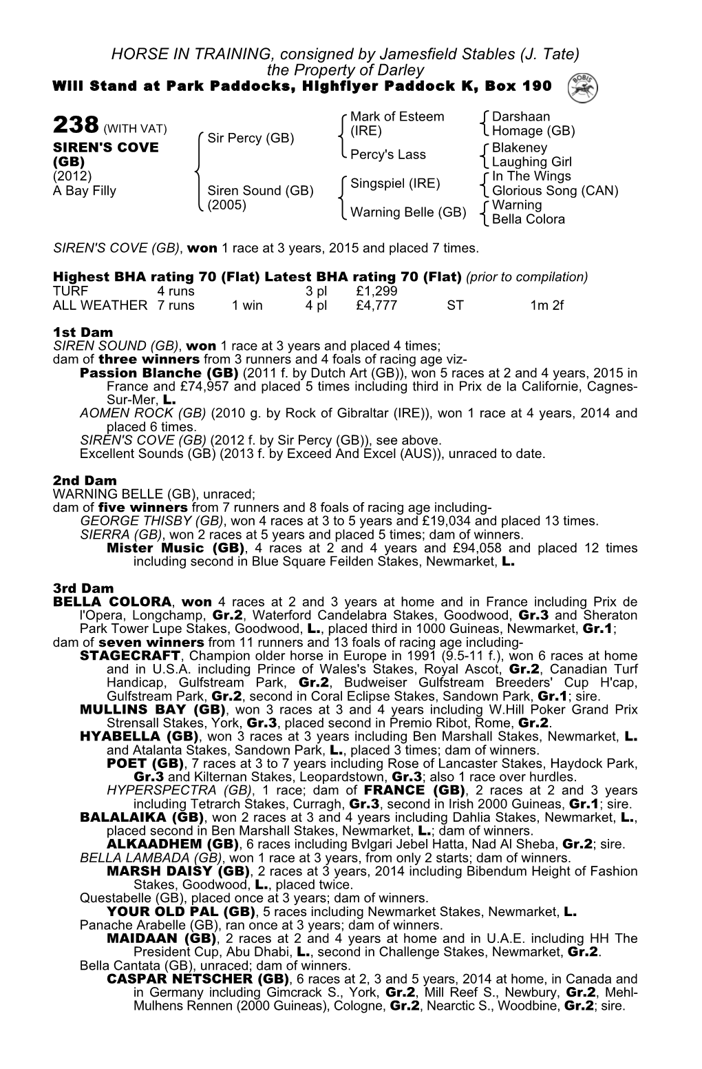 238 (WITH VAT) (IRE) Homage (GB) Sir Percy (GB) Blakeney SIREN's COVE Percy's Lass