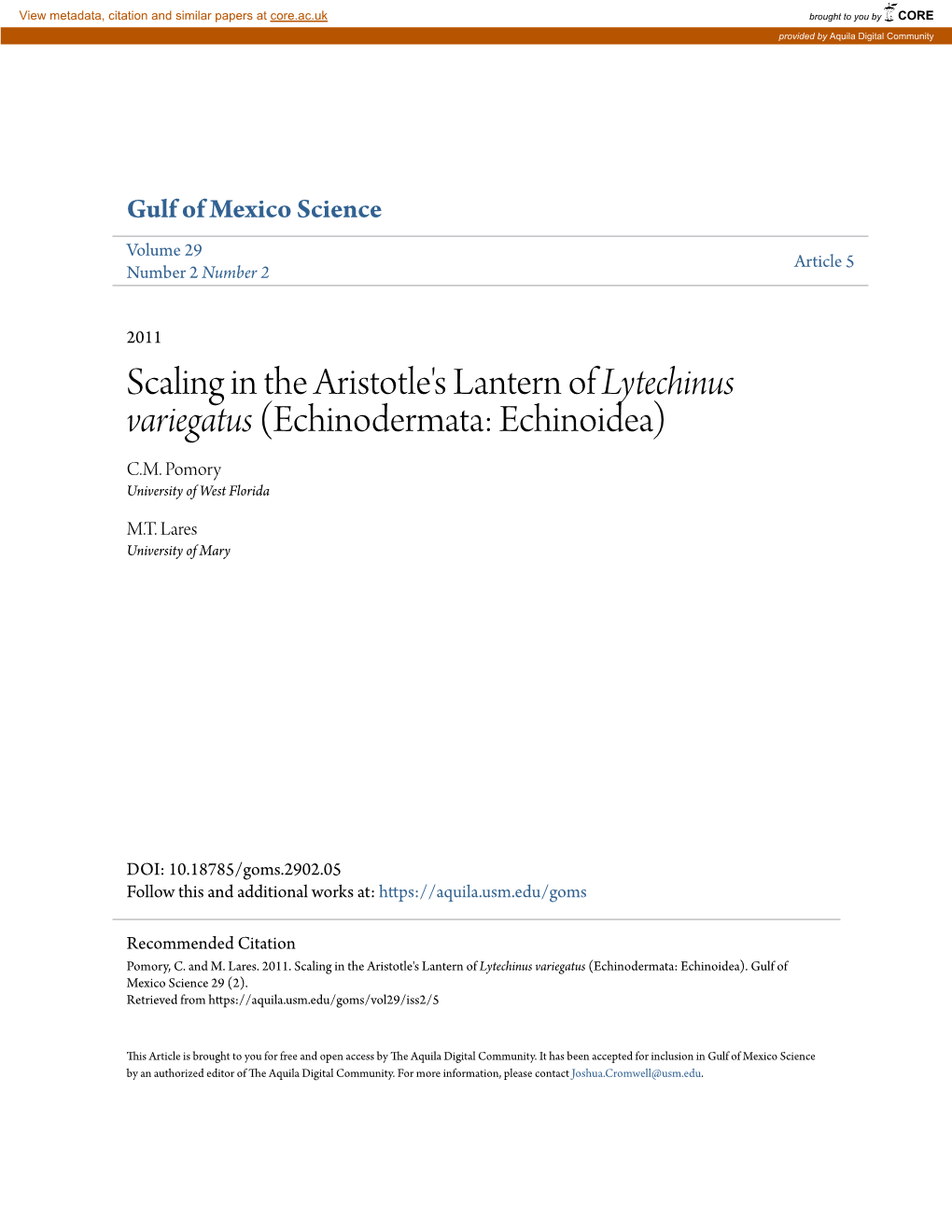 Scaling in the Aristotle's Lantern of Lytechinus Variegatus (Echinodermata: Echinoidea) C.M