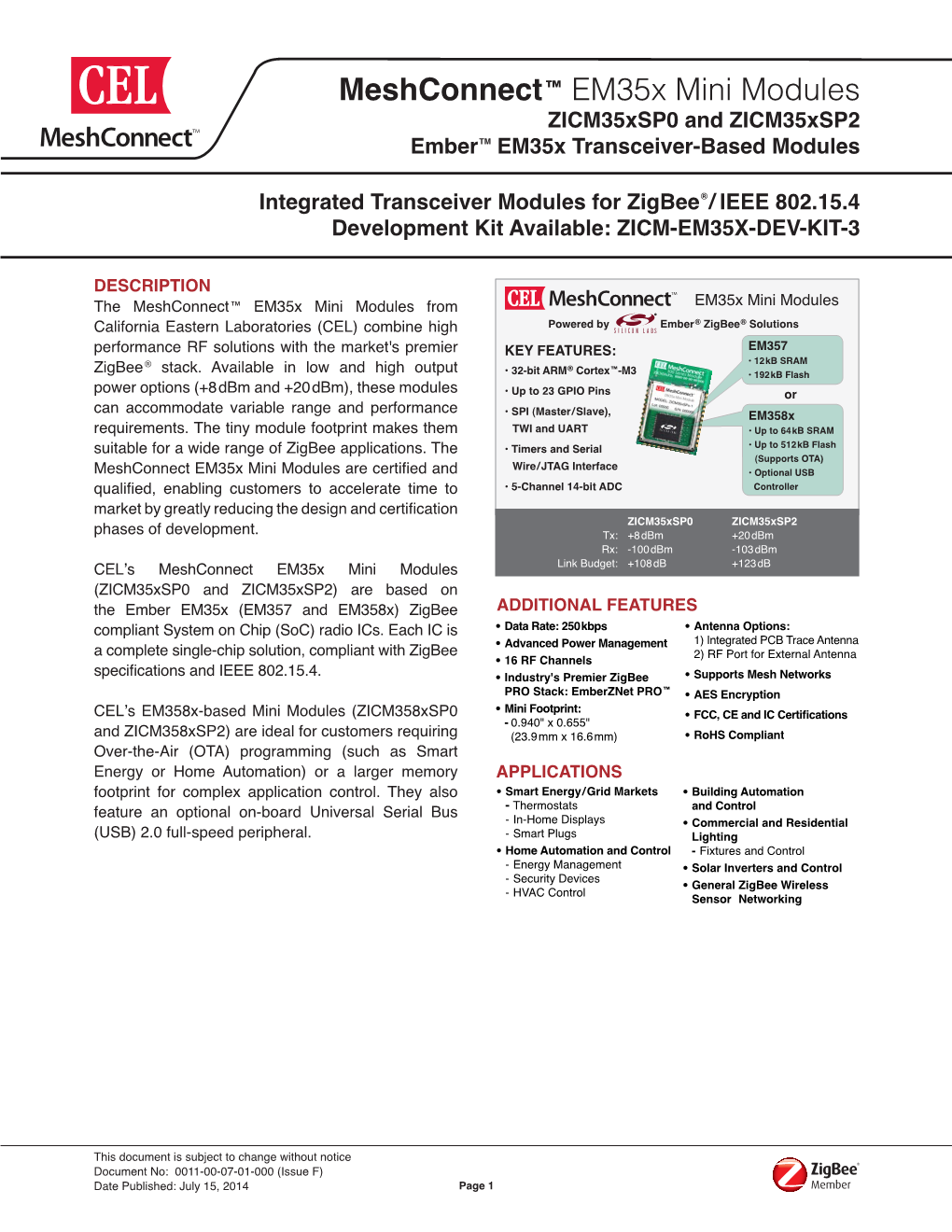 Meshconnect™ Em35x Mini Modules Zicm35xsp0 and Zicm35xsp2 Ember TM Em35x Transceiver-Based Modules
