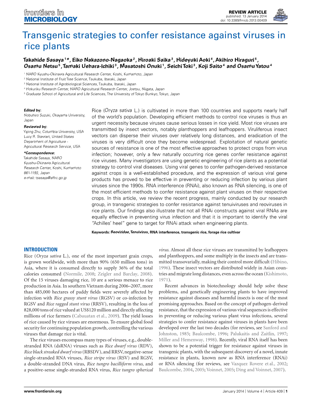 Transgenic Strategies to Confer Resistance Against Viruses in Rice Plants