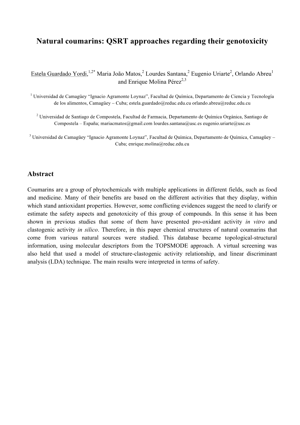 Natural Coumarins: QSRT Approaches Regarding Their Genotoxicity