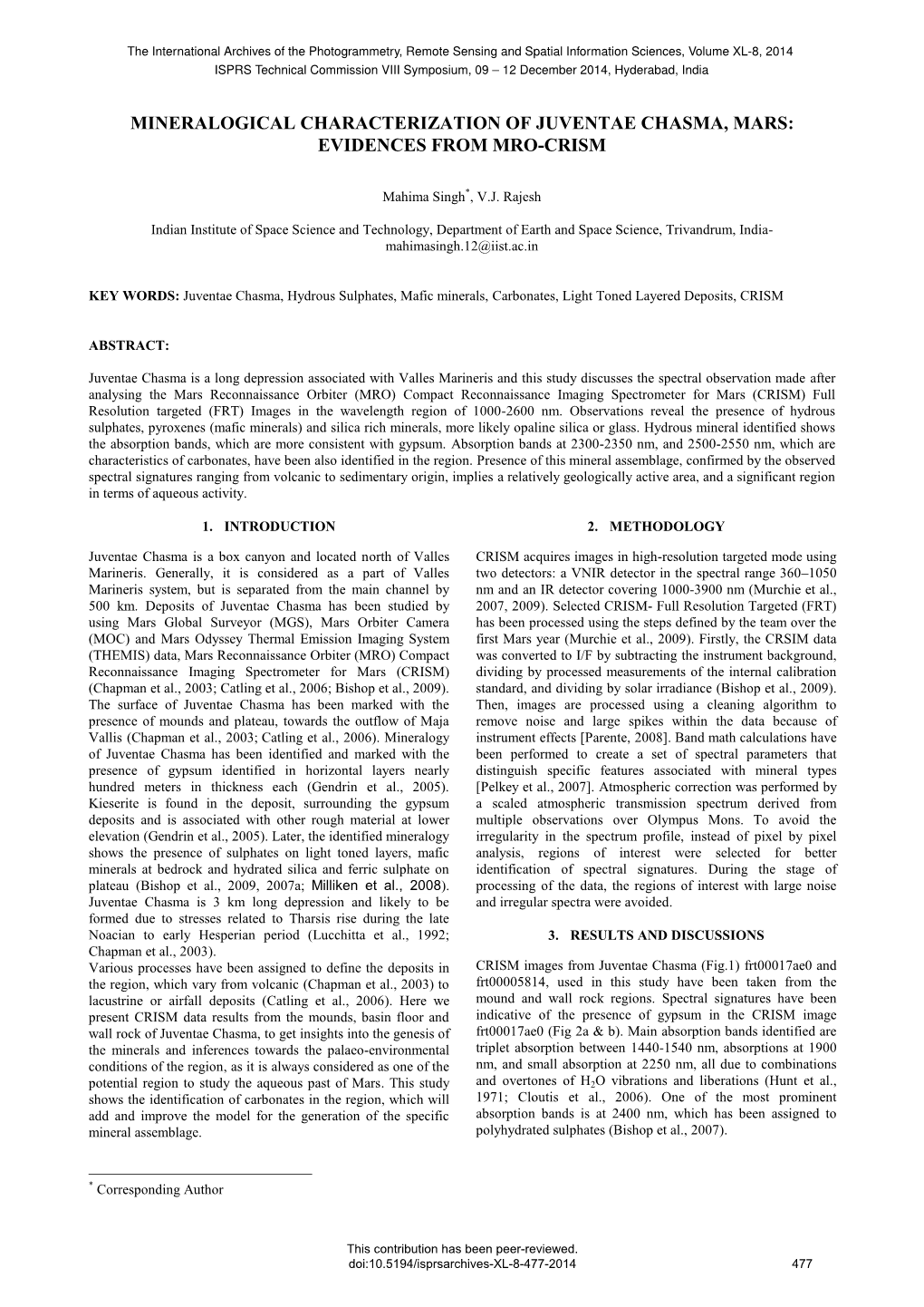 Mineralogical Characterization of Juventae Chasma, Mars: Evidences from Mro-Crism