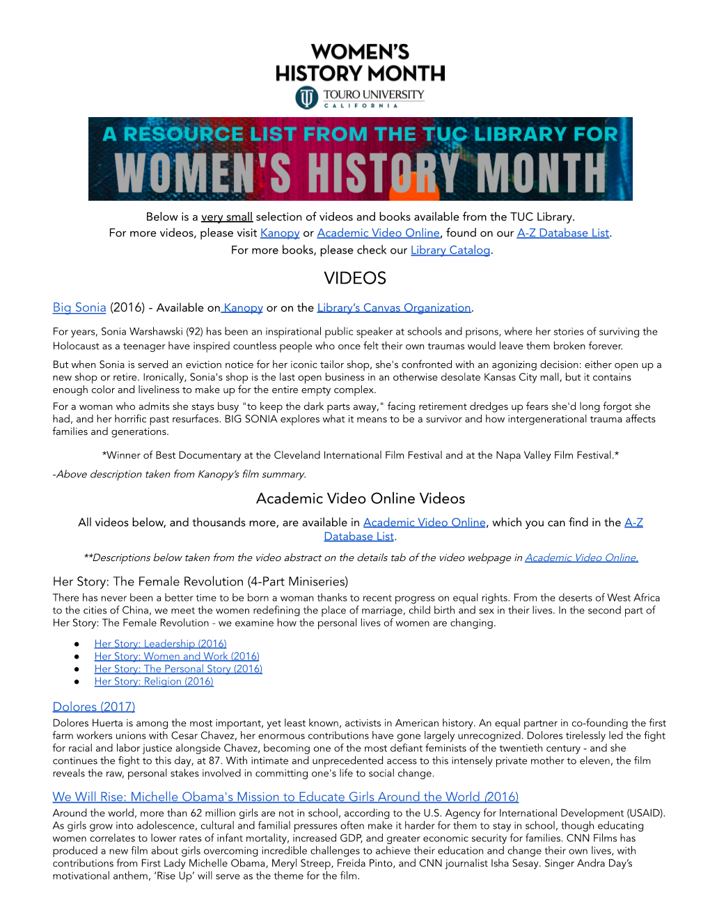 Women's History Month Resources