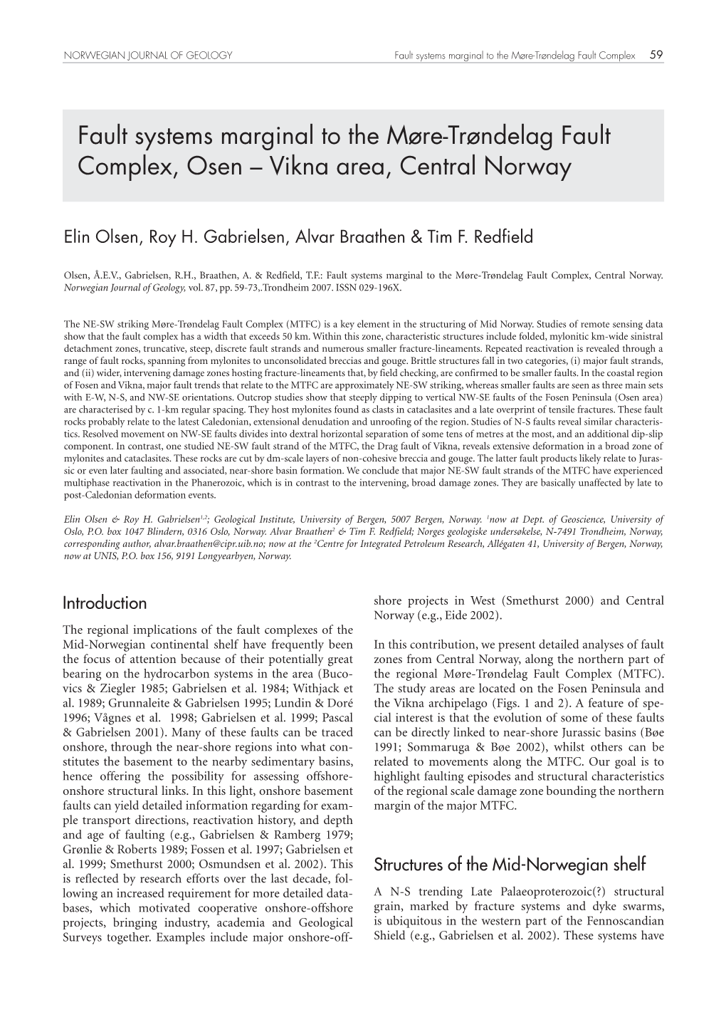 Fault Systems Marginal to the Møre-Trøndelag Fault Complex, Osen – Vikna Area, Central Norway