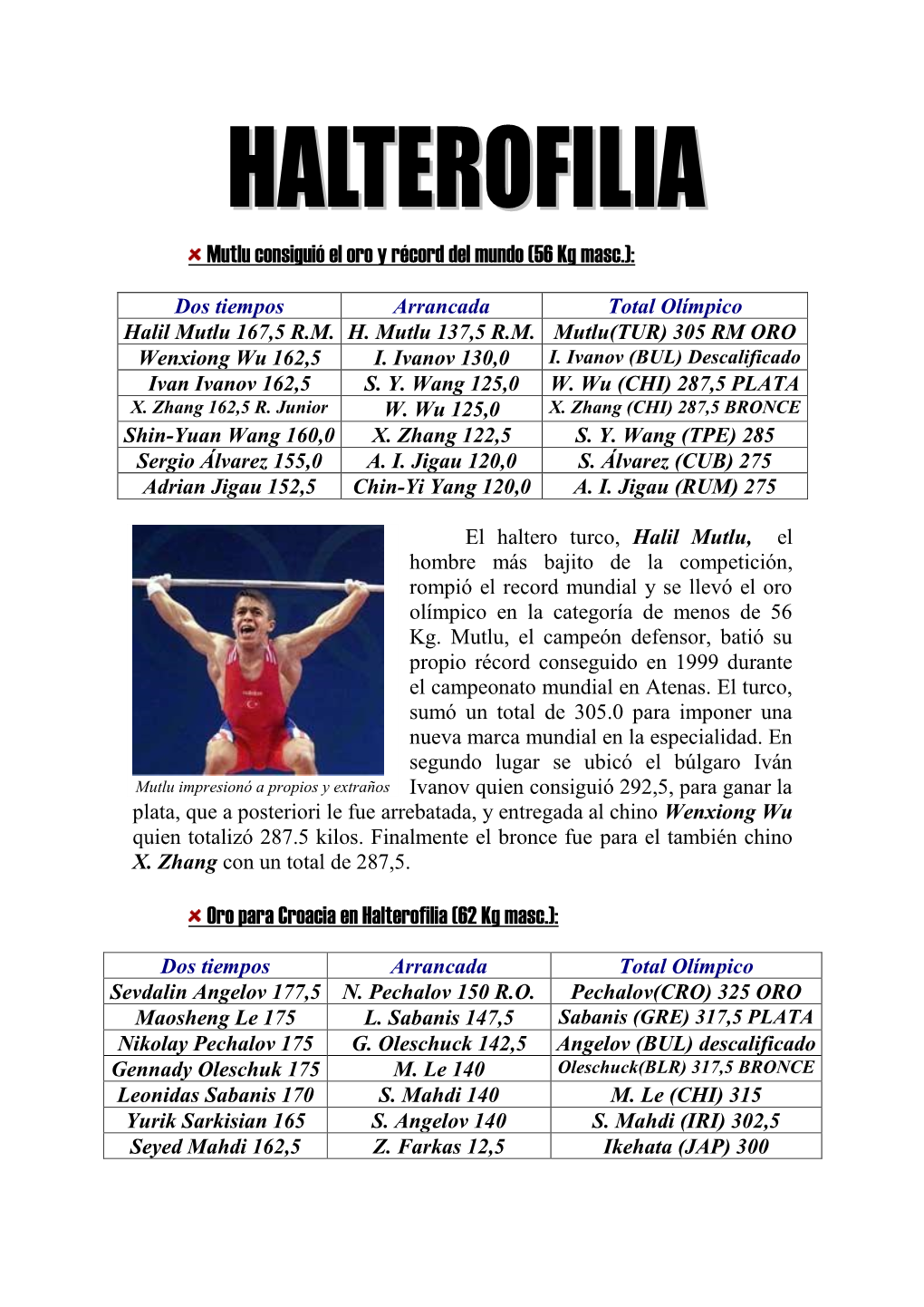 Oro Para Croacia En Halterofilia (62 Kg Masc.)