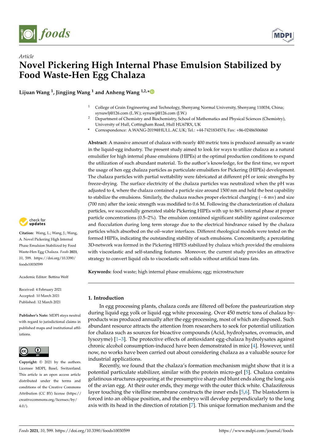 Novel Pickering High Internal Phase Emulsion Stabilized by Food Waste-Hen Egg Chalaza