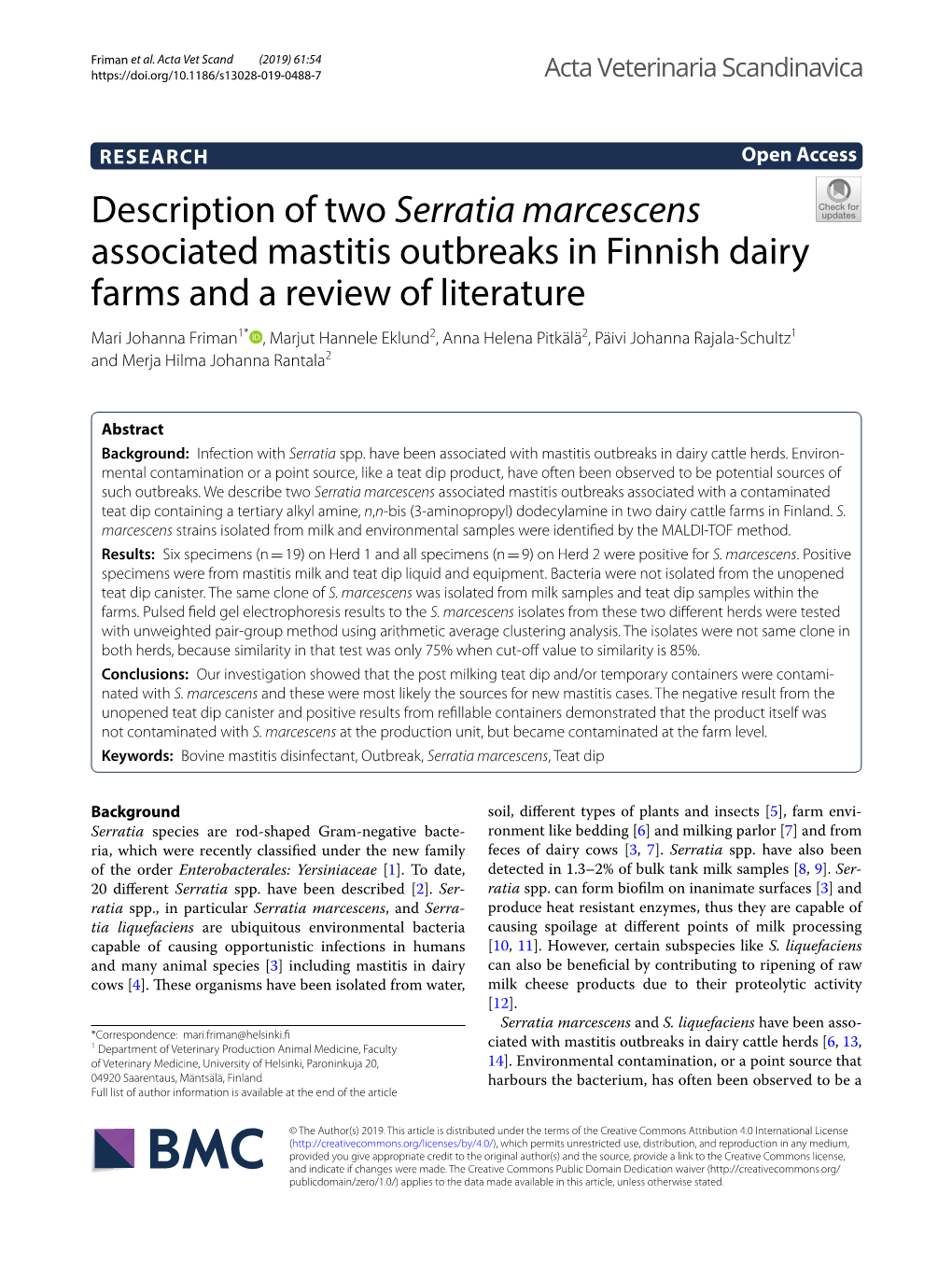 Description of Two Serratia Marcescens Associated Mastitis Outbreaks in Finnish Dairy Farms and a Review of Literature