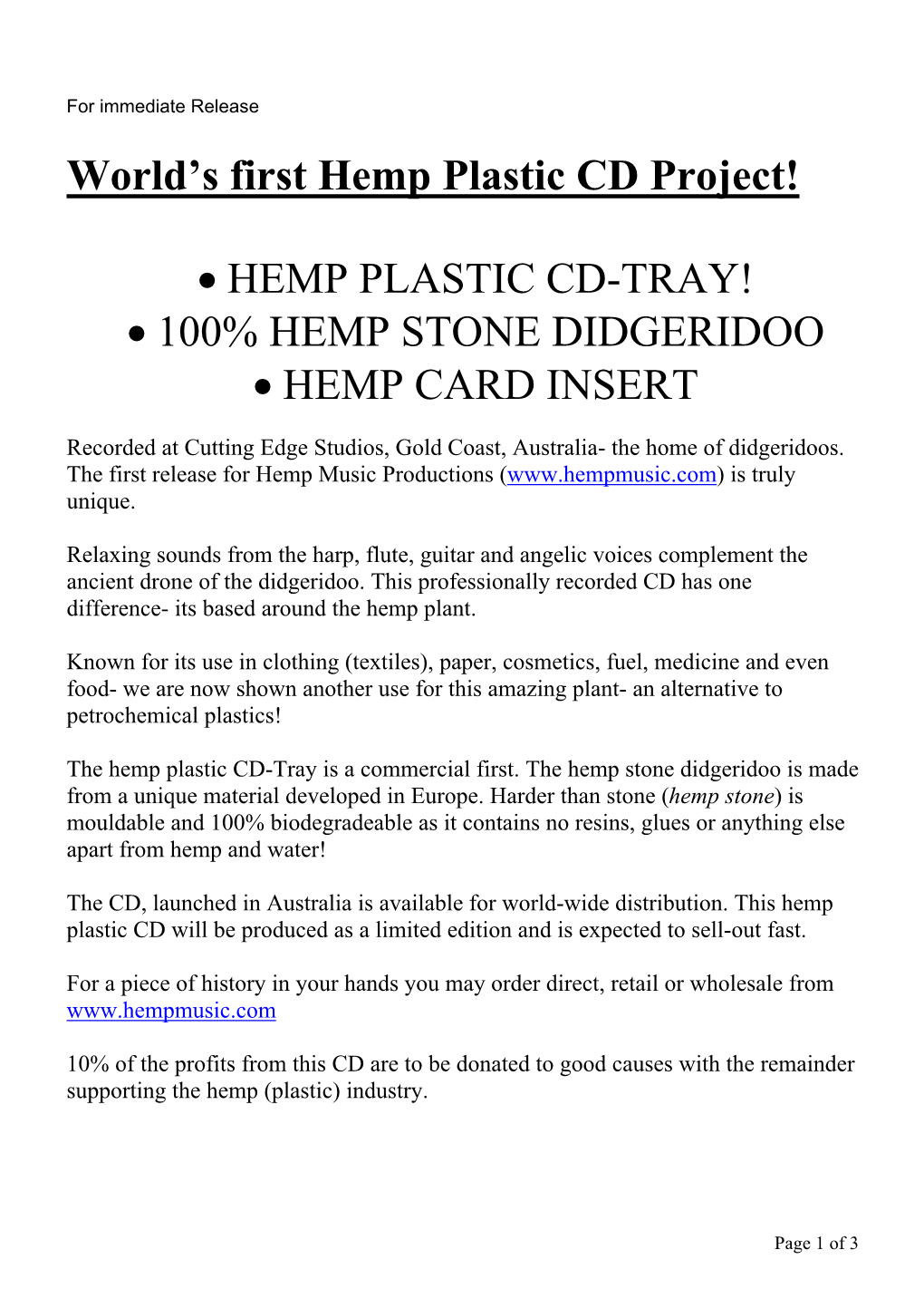 World's First Hemp Plastic CD Project