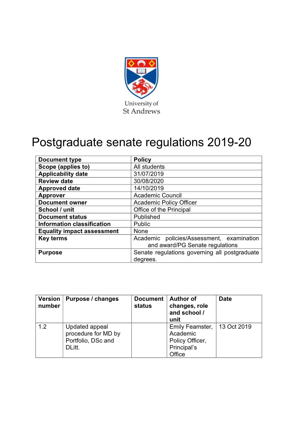 Postgraduate Senate Regulations 2019-20