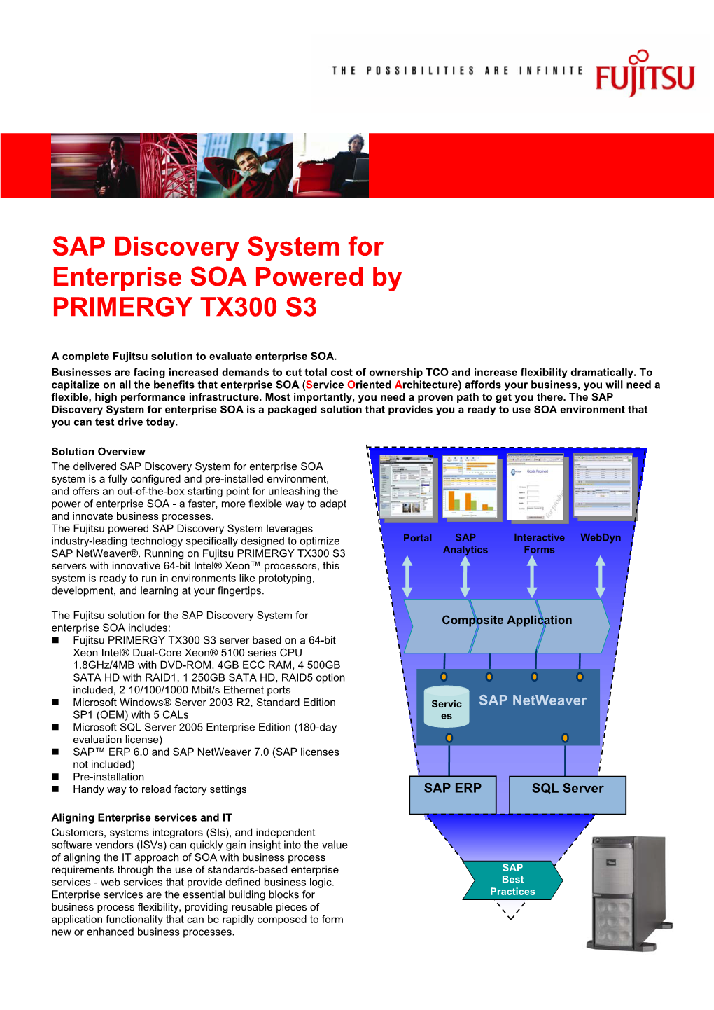 SAP Discovery System for Enterprise SOA Powered by Fujitsu PRIMERGY TX300 S3 As an All Round PRIMERGY TX300 S3 Server System