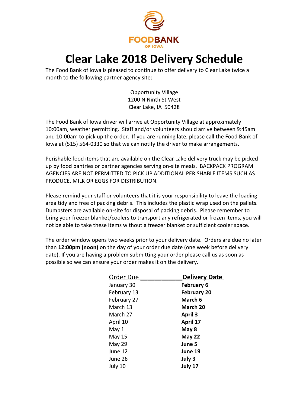 Clear Lake 2018 Delivery Schedule