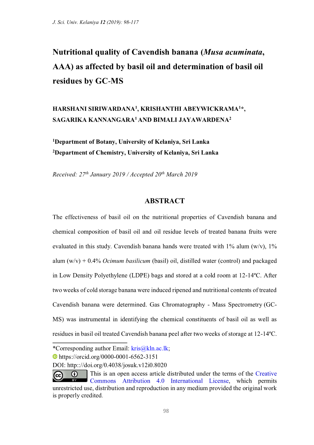 Nutritional Quality of Cavendish Banana (Musa Acuminata, AAA) As Affected by Basil Oil and Determination of Basil Oil Residues by GC-MS