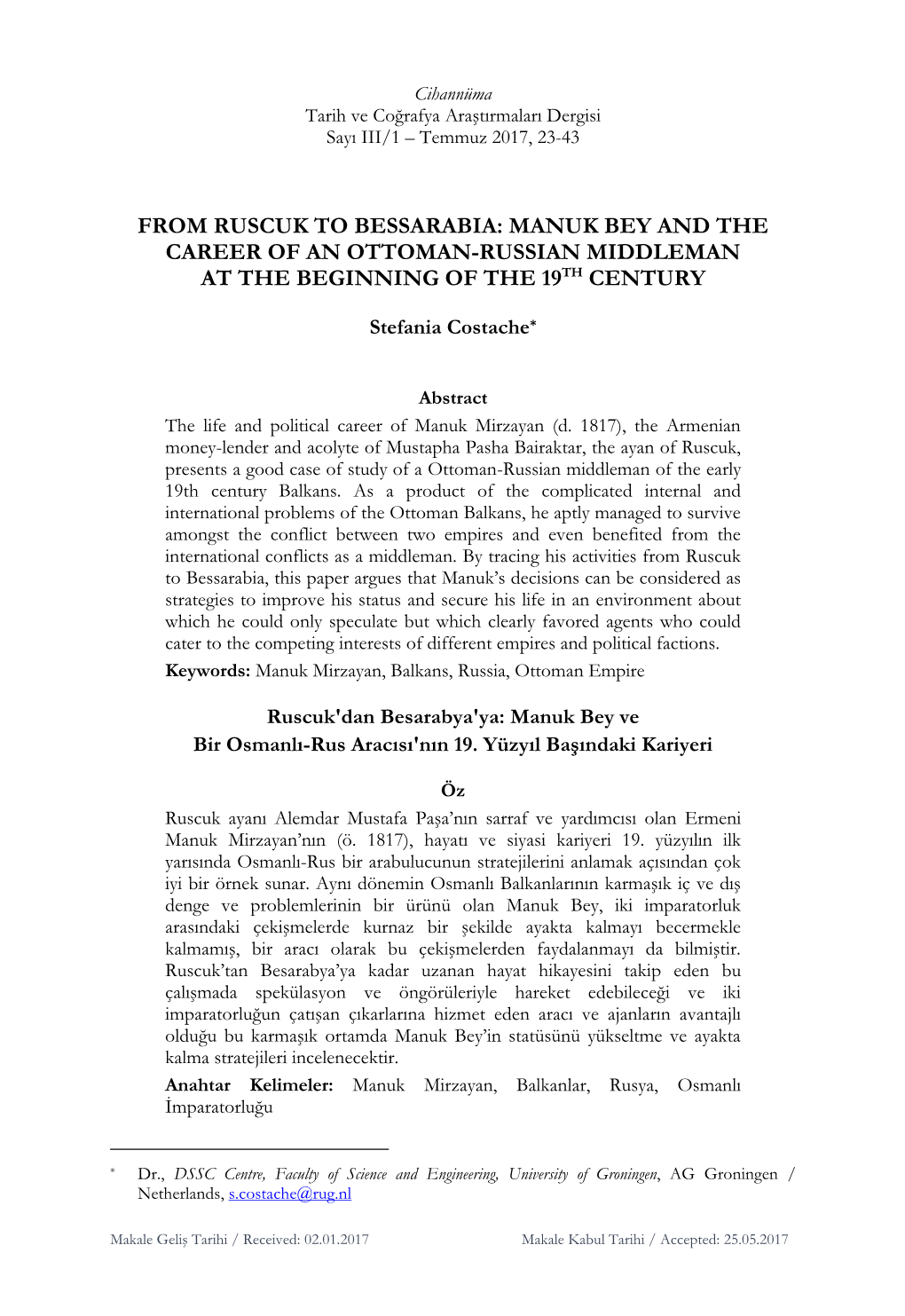 From Ruscuk to Bessarabia: Manuk Bey and the Career of an Ottoman-Russian Middleman at the Beginning of the 19Th Century