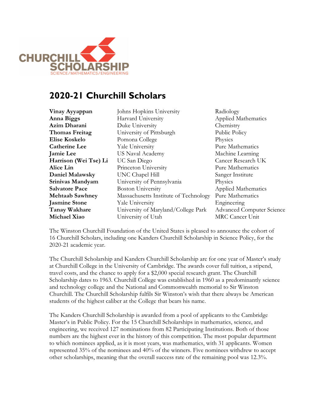 2020-21 Churchill Scholars