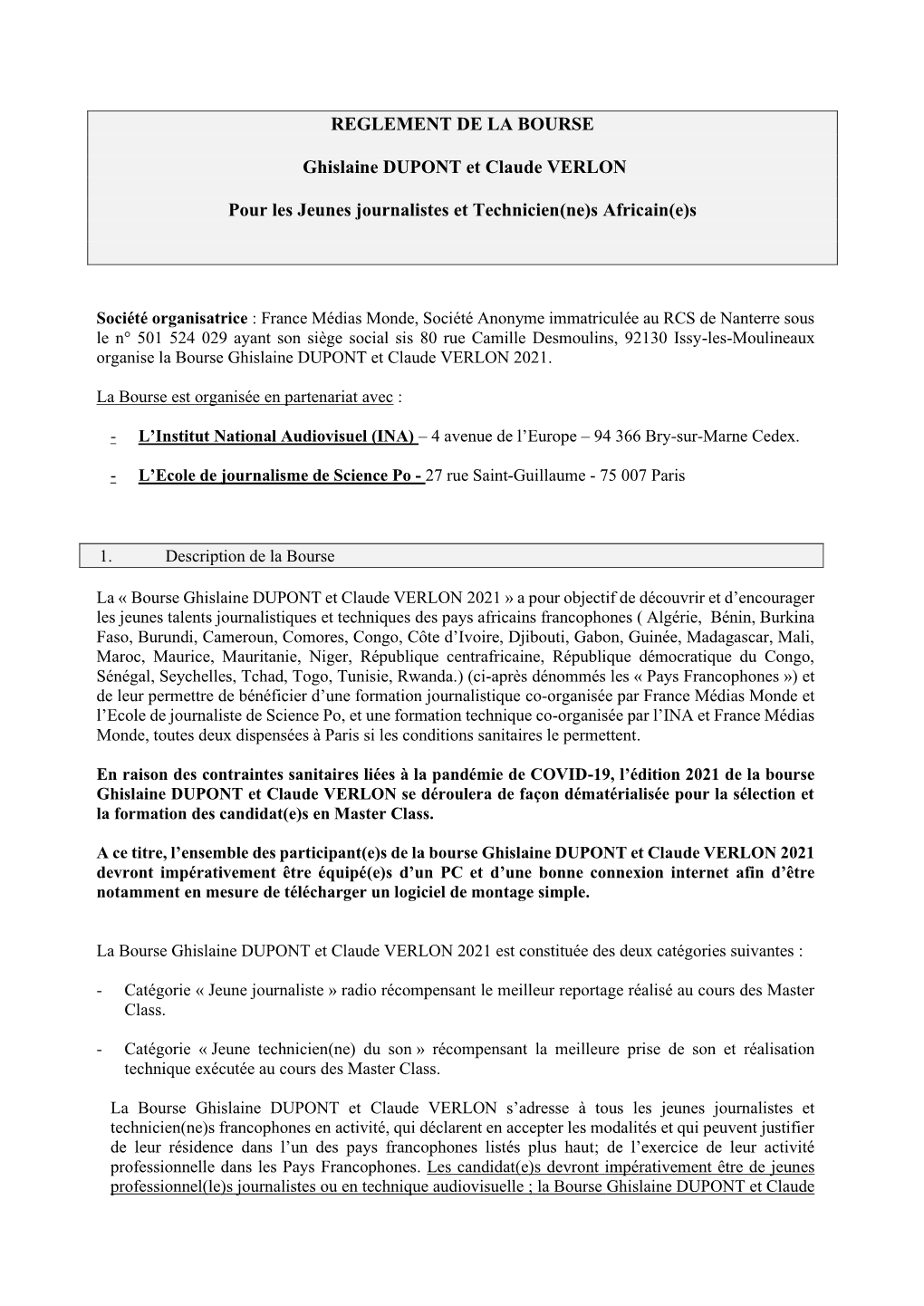 Règlement De La Bourse Ghislaine Dupont Et Claude Verlon 2021
